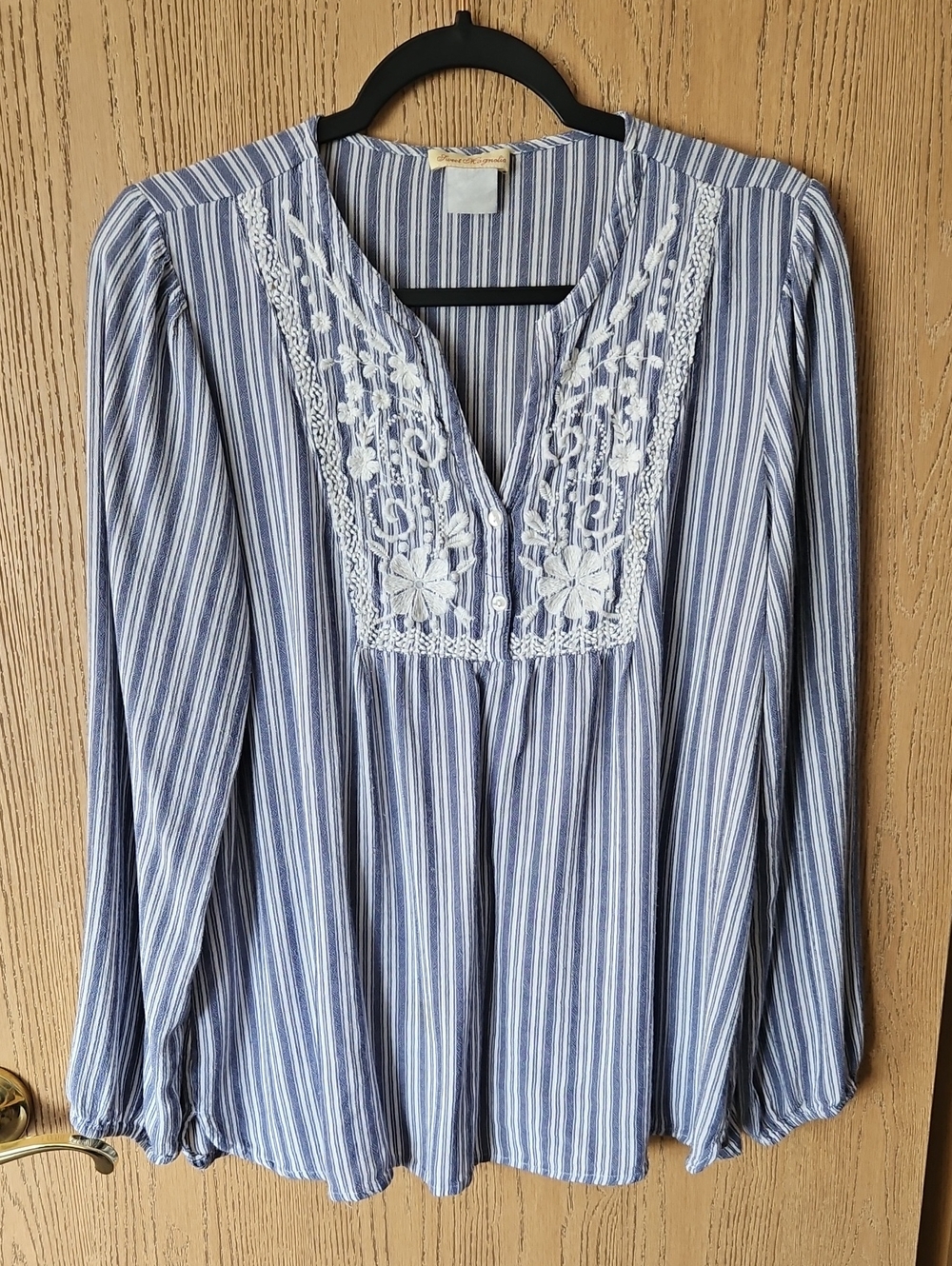 Blue and White Striped Embroidered Yoke Tunic